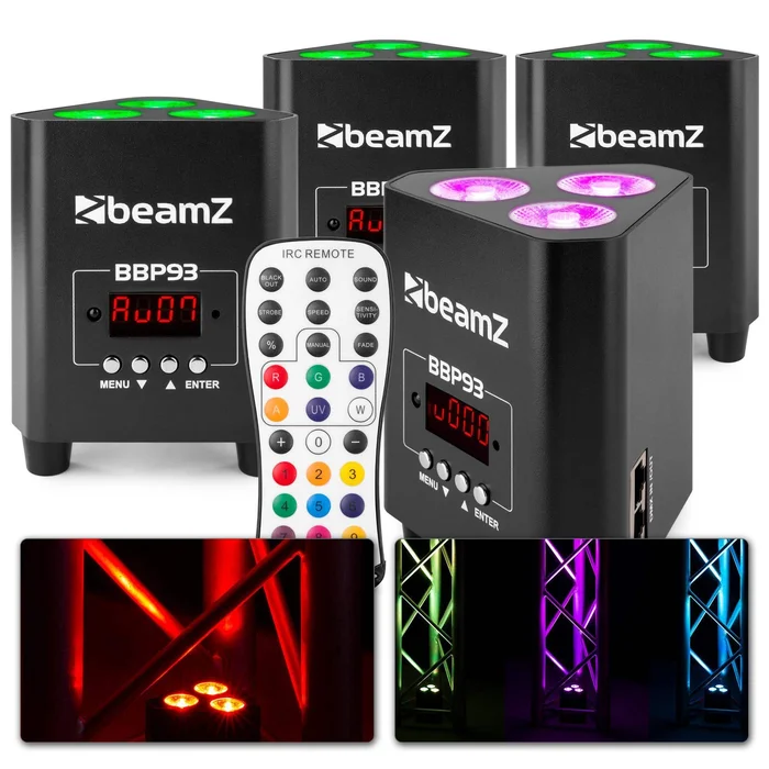 BeamZ BBP93 – Lot de 4 Projecteurs Uplight PAR sur Batterie RGBW DMX – 30 Watts