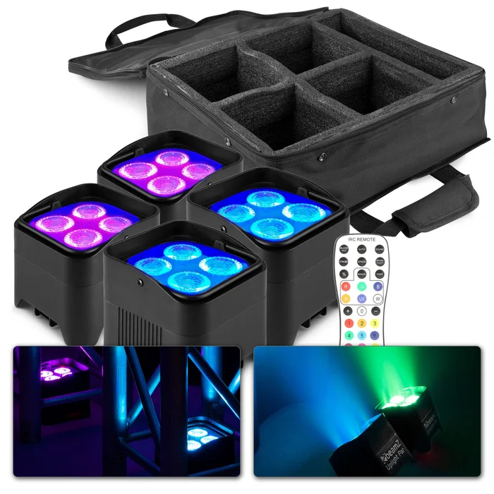 BeamZ BBP94W – Lot de 4 Projecteurs PAR Uplight sur Batterie RGBWA WDMX 48 Watts avec Valise