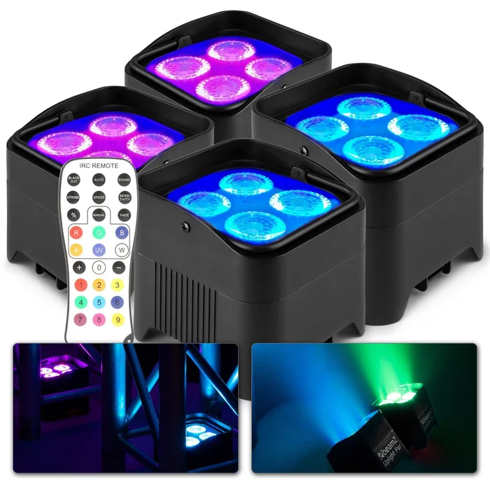 BeamZ BBP94W – Lot de 4 Projecteurs PAR Uplight sur Batterie RGBWA WDMX – 48 Watts