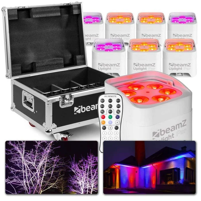 BeamZ BBP96SW – Lot de 8 Projecteurs PAR Uplight sur Batterie RGBAW-UV DMX 72 Watts avec Flightcase