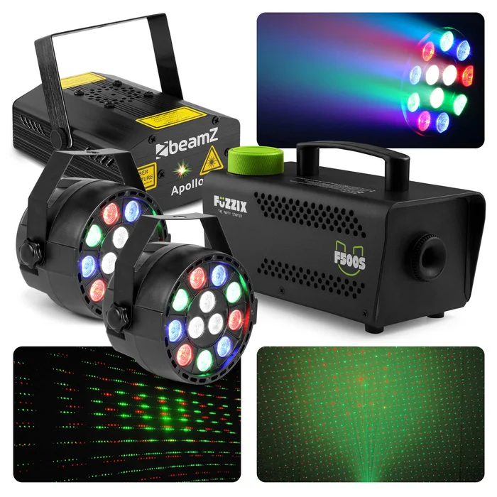 Kit Complet d&rsquo;Éclairage BeamZ avec Laser, Spots PAR et Machine à Fumée 500W