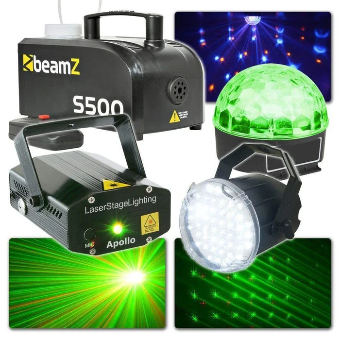 Kit d&rsquo;Éclairage Complet Disco BeamZ avec Machine à Fumée, Laser, Jelly Ball et Stroboscope