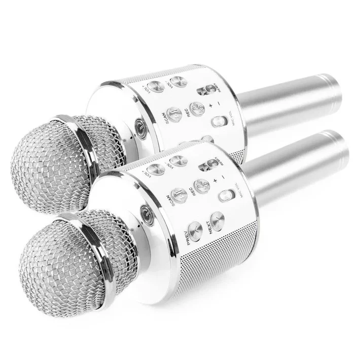 MAX KM01 Kit Deux Microphones Karaoké Micro Sans Fil Bluetooth – Argenté