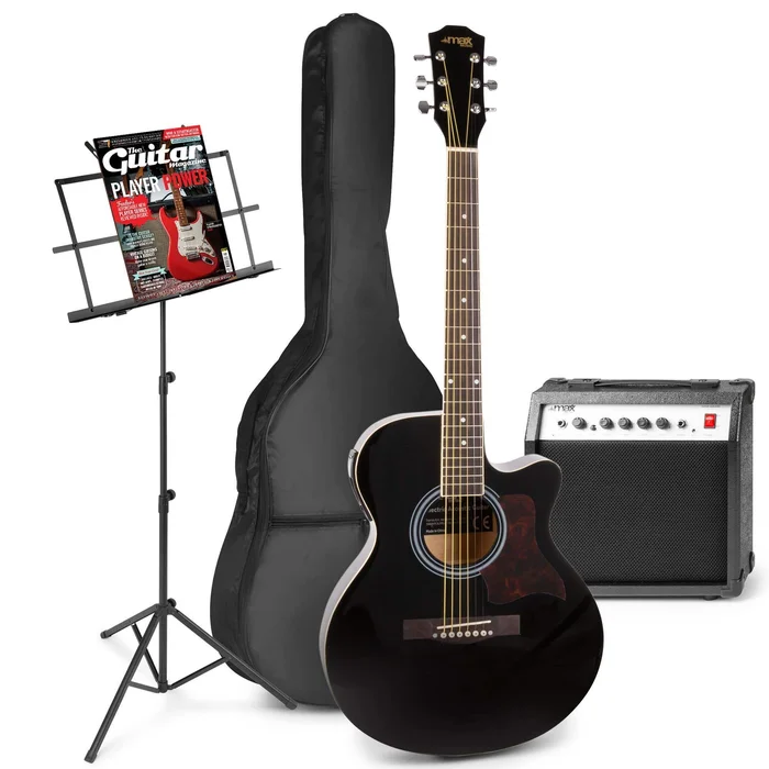 Max ShowKit – Guitare Électro-Acoustique Pack Débutant Ampli 40 Watts et Pupitre – Noire