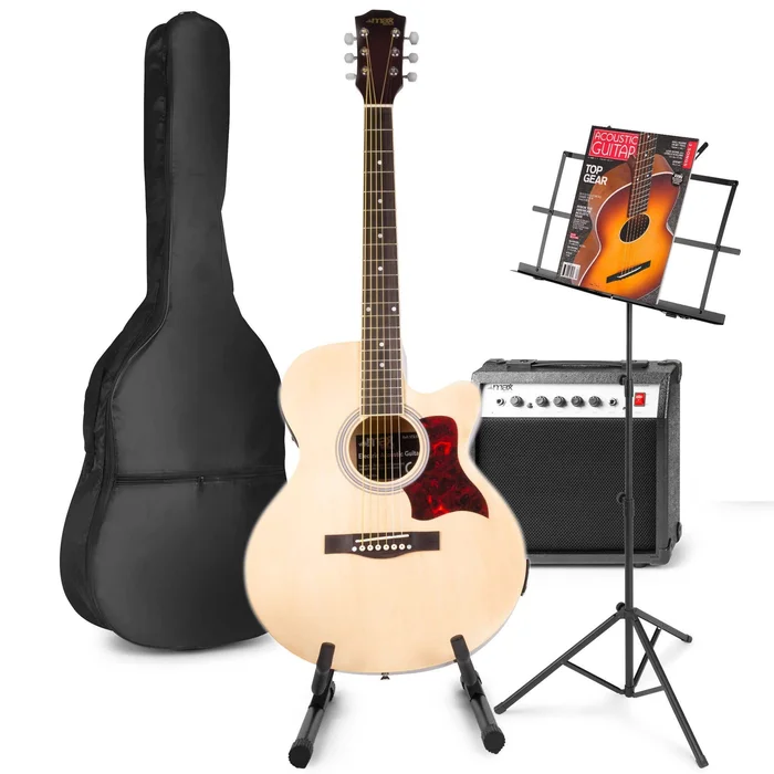 Max ShowKit – Guitare Électro-Acoustique Pack Débutant Ampli 40 Watts, Stand et Pupitre – Couleur Érable