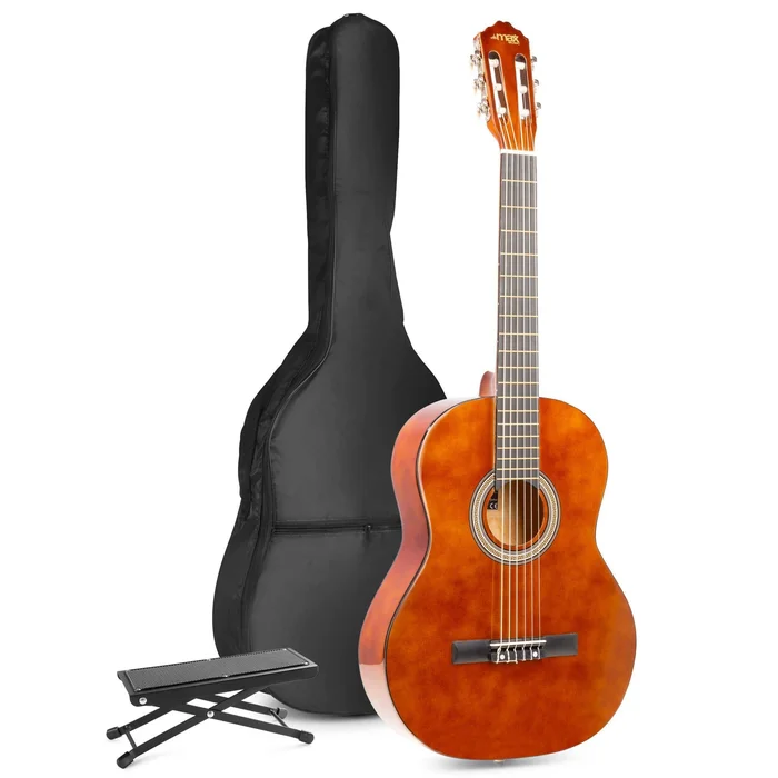 Max SoloArt – Guitare Acoustique Classique Pack Débutant avec Repose-Pied – Couleur Noyer