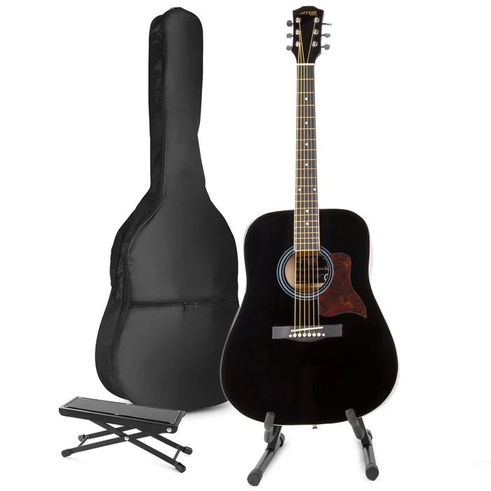 Max SoloJam – Guitare Acoustique Pack Débutant avec Stand et Repose-Pied – Noire