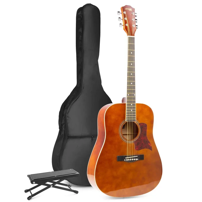 Max SoloJam Western – Guitare Acoustique Pack Débutant avec Repose-Pied – Couleur Noyer