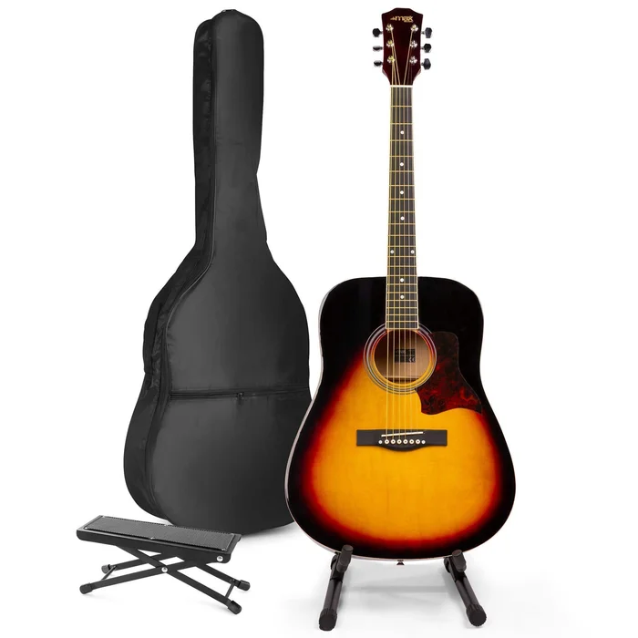 Max SoloJam Western – Guitare Acoustique Pack Débutant avec Stand et Repose-Pied – Sunburst