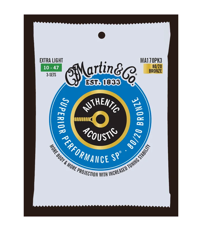 Pack de 3 Jeux de Cordes pour Guitare Folk MARTIN & CO MA170PK3 Bronze – Authentic, Extra Light, 80/20
