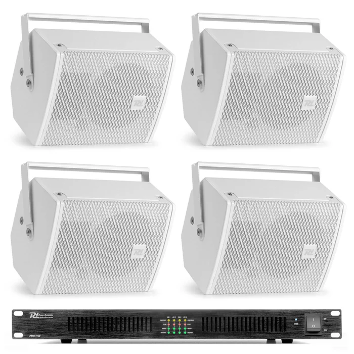 Power Dynamics – Pack de 4 Enceintes Blanches avec Amplificateur 100V/8 Ohms et Bobine de Câble – 400 Watts RMS