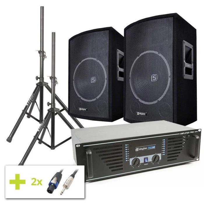 SkyTec Kit Sono DJ 1000W avec Amplificateur, Haut-Parleurs 15″ et Supports