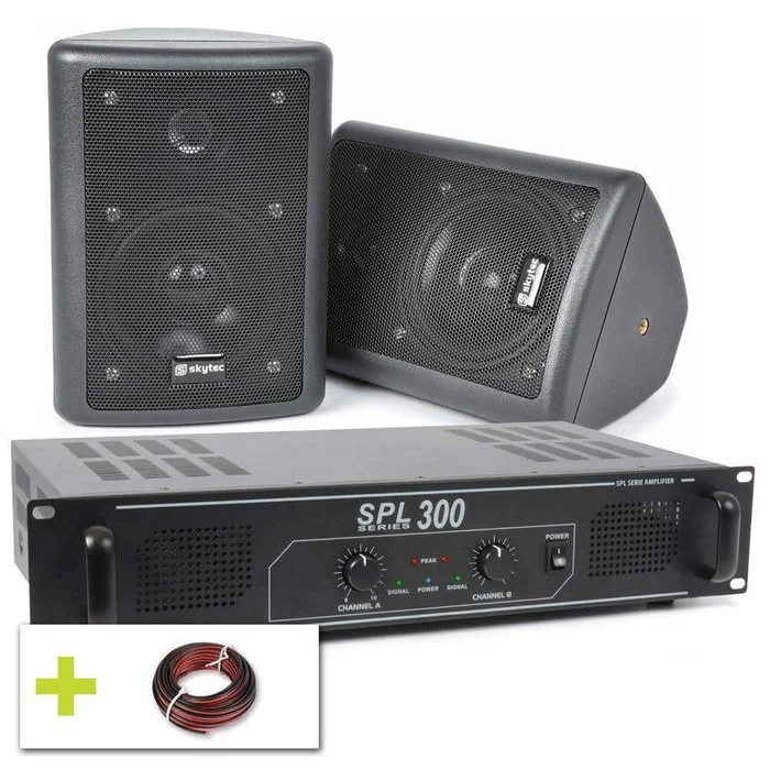 SkyTec Pack Sono – Paire d&rsquo;Enceintes 2 Voies, Amplificateur et Câble Inclus